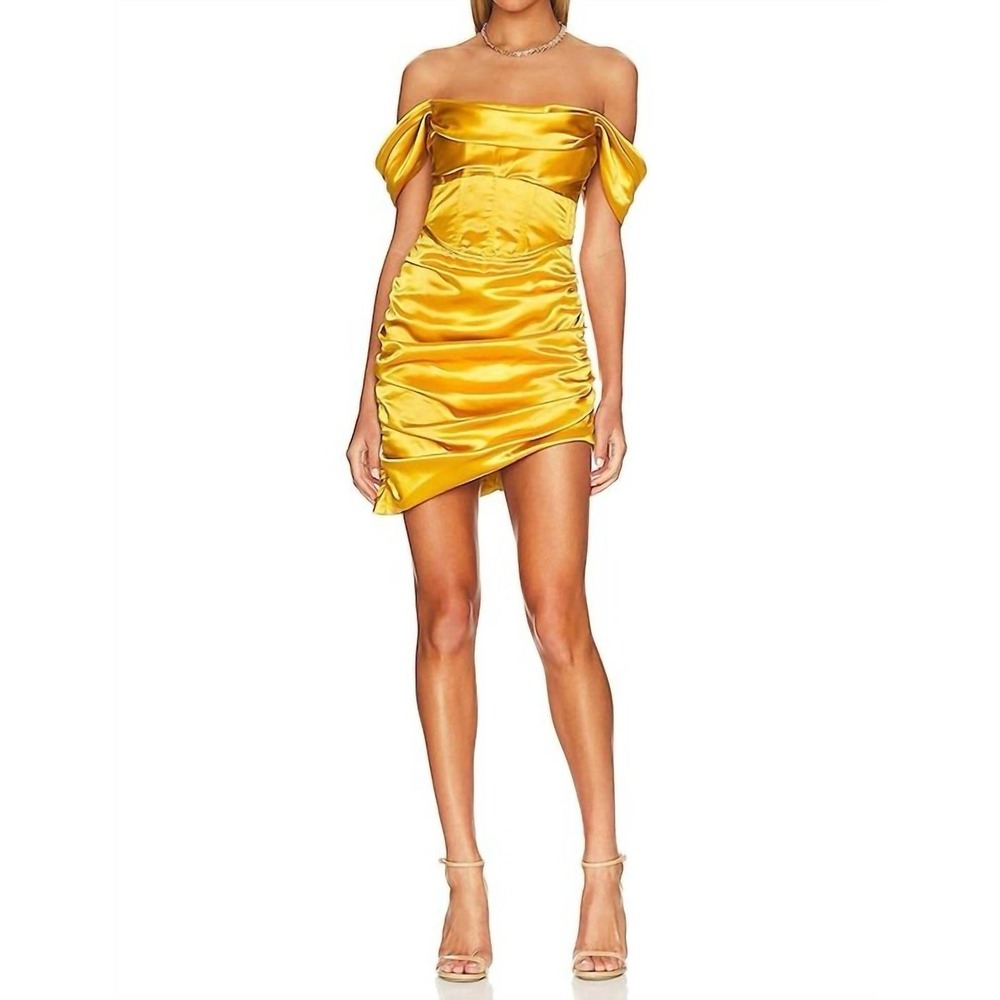 For Love & Lemons Women's Drew Mini Bustier Draped Dress in Golden Yellow Satin